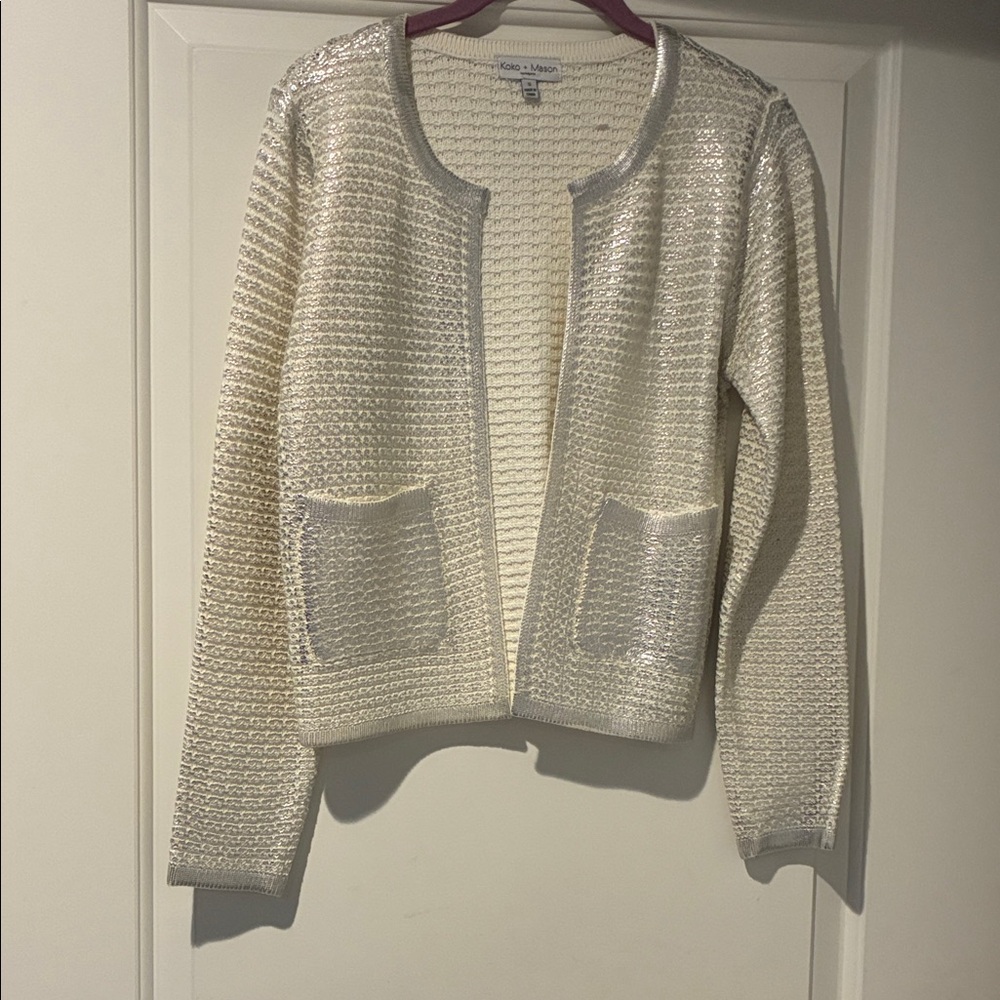 NWT designer  Elegant Cream Cardigan Sweater
W/silver threading design thruout